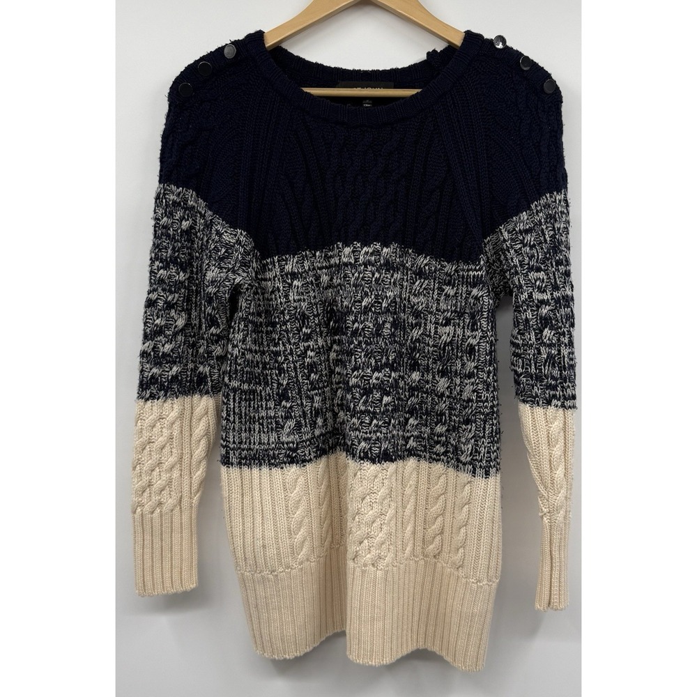St. John Wool Crewneck Cable Knit Fisherman Women's Sweater Navy Ivory Nautical